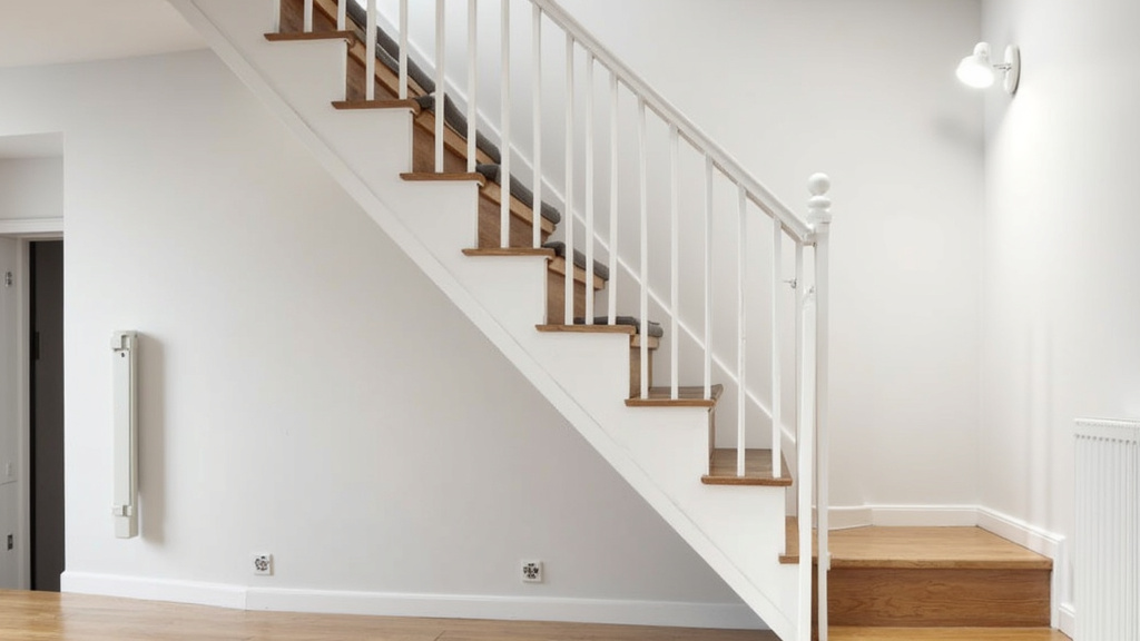 Monte-escalier droit installé dans un escalier intérieur en bois à Lentigny, avec siège en tissu gris et rail blanc