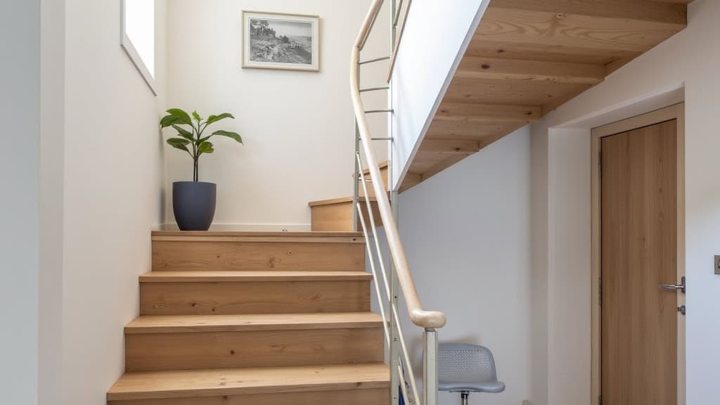 Monte-escalier droit installé sur un escalier en bois dans une maison à Guégon, avec rail discret et siège gris clair