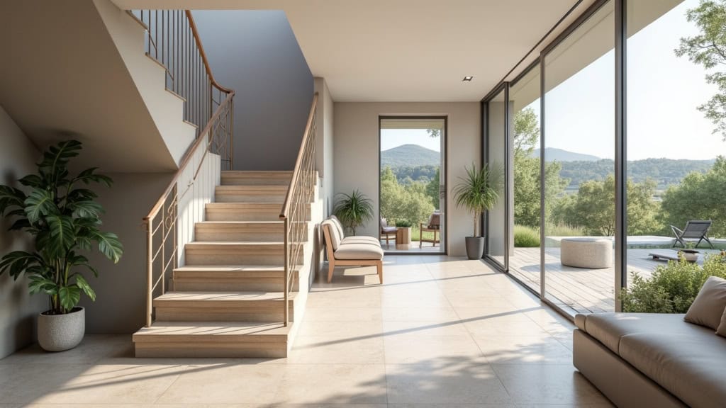 Monte-escalier en fonctionnement dans une maison du Carbet avec une vue sur l’extérieur