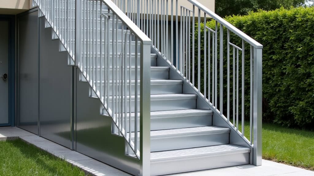 Monte-escalier extérieur en acier inoxydable installé sur un escalier de jardin à Chevillon, avec protection contre les intempéries et rampe de sécurité