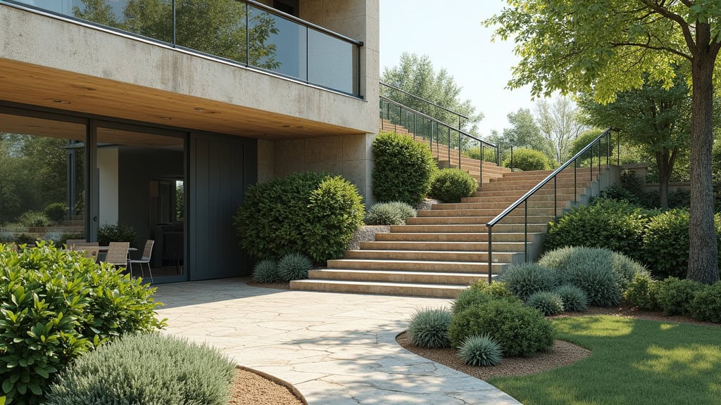 Monte-escalier extérieur en acier inoxydable menant au jardin à Montgivray