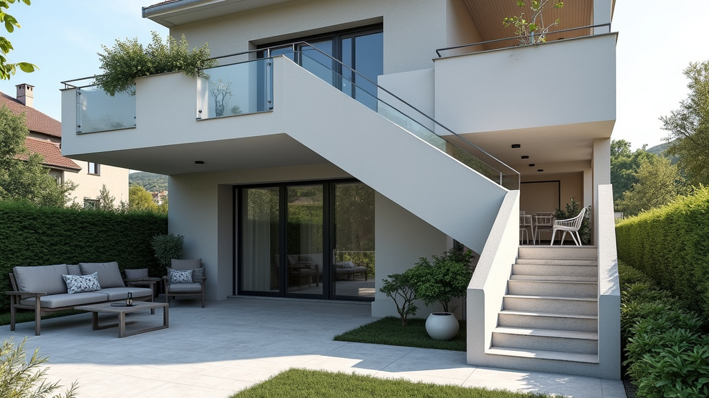 Monte-escalier extérieur en aluminium sur un escalier en béton menant à une maison de Salazie