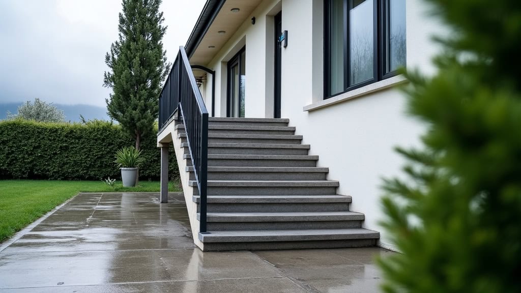 Monte-escalier extérieur en fonctionnement devant une maison à Vernioz, sous la pluie, montrant sa résistance aux intempéries