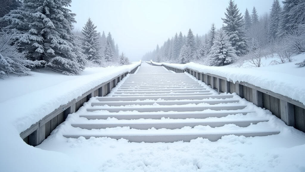 Monte-escalier extérieur en fonctionnement par temps de neige à Bourg-Argental