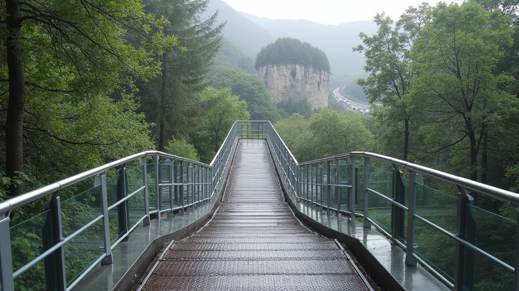 Monte-escalier extérieur en fonctionnement par temps de pluie à Beaufort-Orbagna