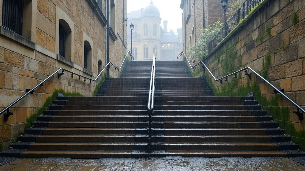 Monte-escalier extérieur en fonctionnement par temps de pluie à Notre-Dame-de-Bondeville