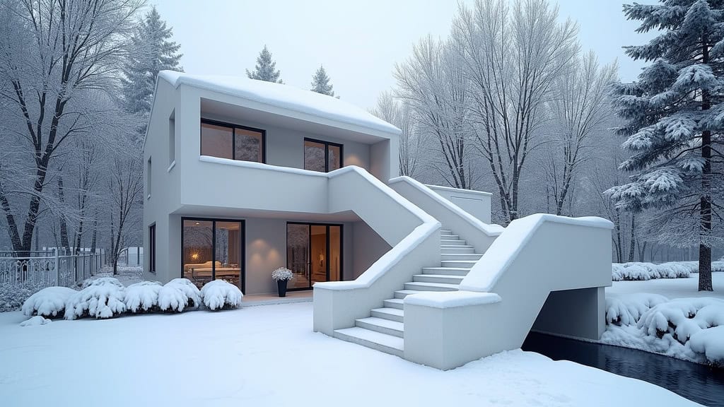 Monte-escalier extérieur en fonctionnement sous la neige dans un jardin à Giraumont