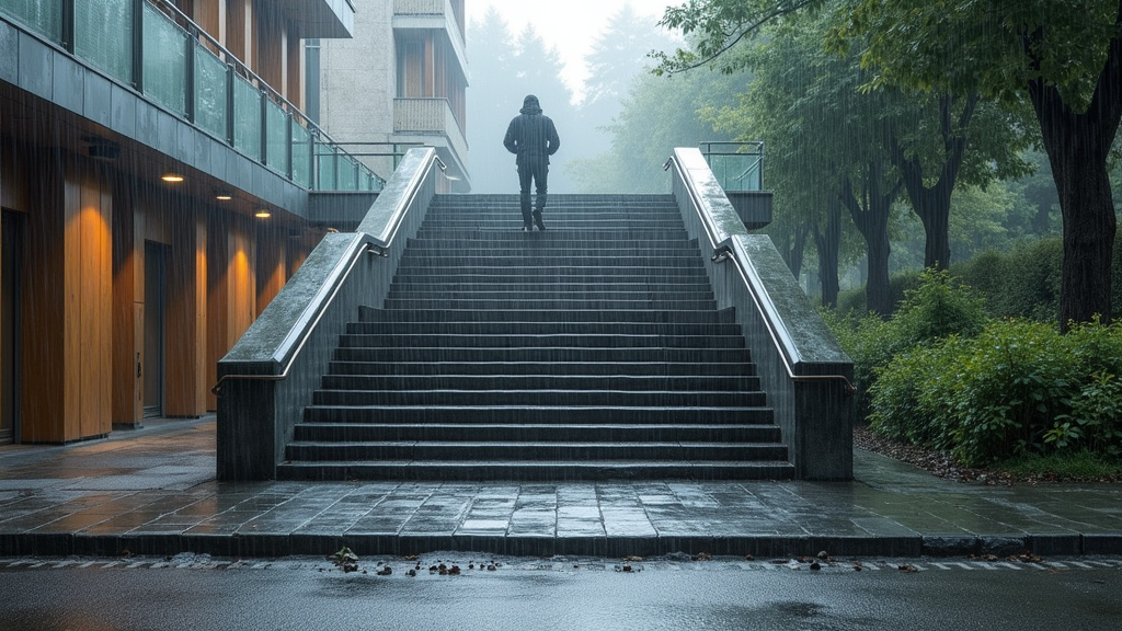 Monte-escalier extérieur en fonctionnement sous la pluie à Cunac