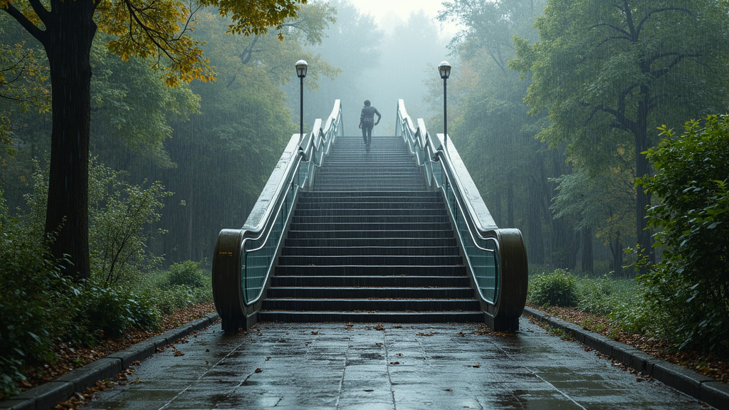 Monte-escalier extérieur en fonctionnement sous la pluie à Ducey-Les Chéris