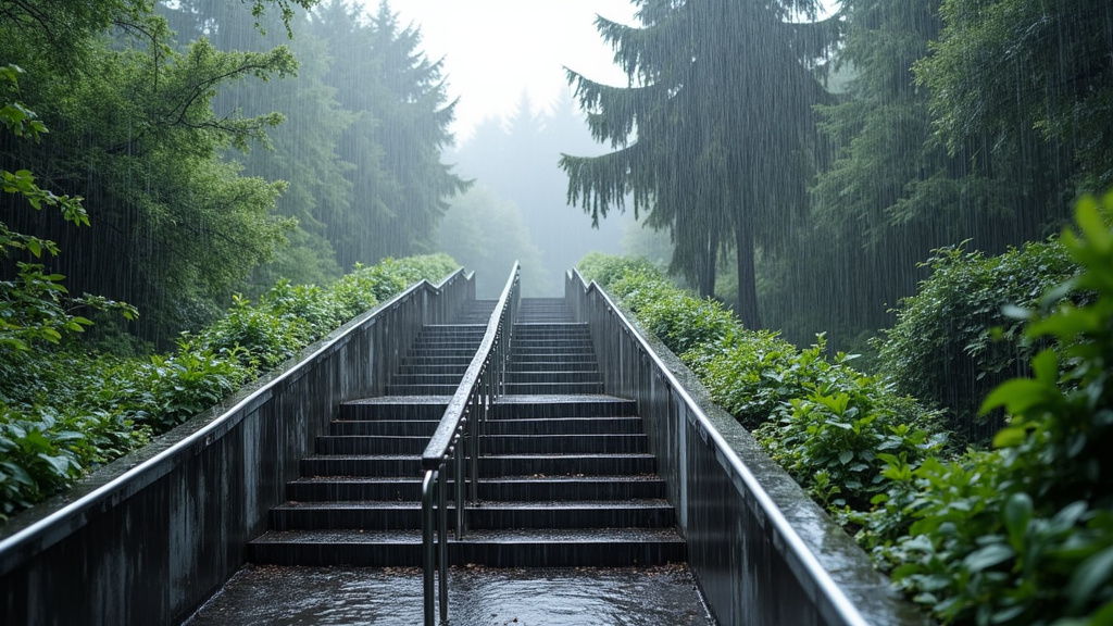 Monte-escalier extérieur en fonctionnement sous la pluie à Neuilly-le-Réal