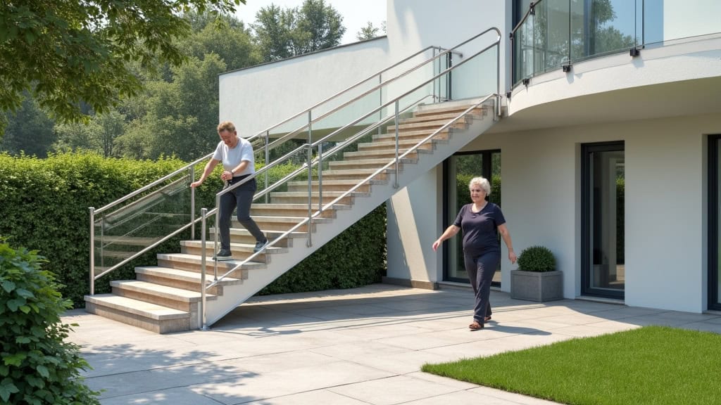 Monte-escalier extérieur en utilisation par une personne âgée à Crépy-en-Valois
