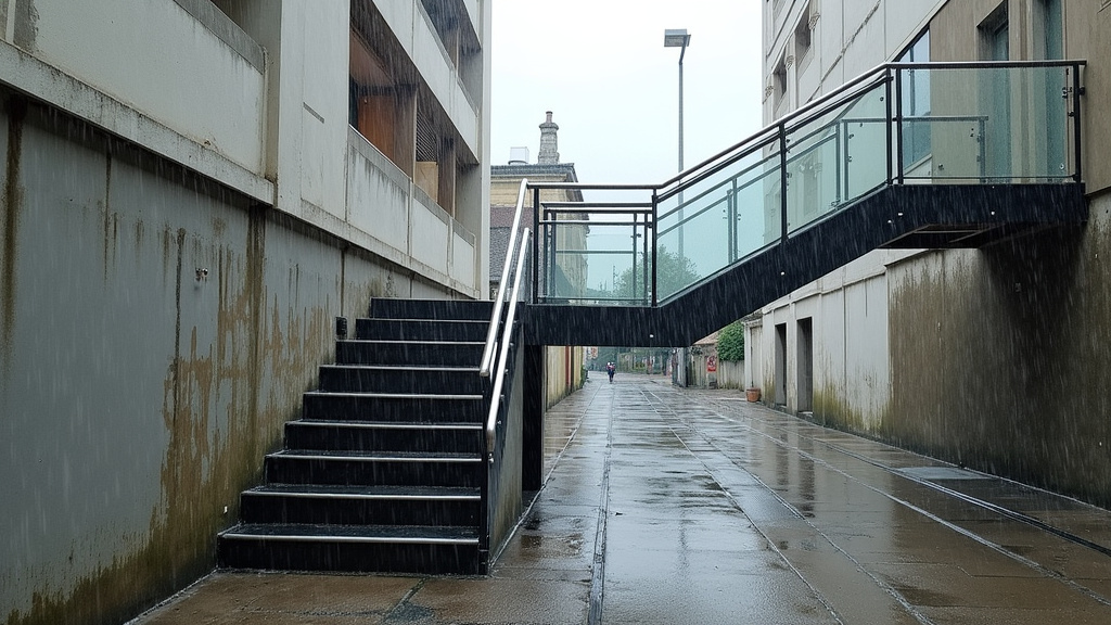 Monte-escalier extérieur installé à Bourgneuf, en cours de fonctionnement sous la pluie