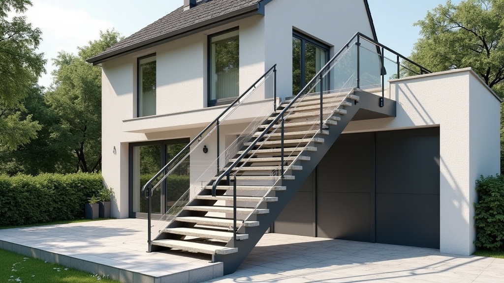 Monte-escalier extérieur installé à l’arrière d’une maison à Mouzeil, pour accéder au jardin ou au garage, rail résistant aux intempéries