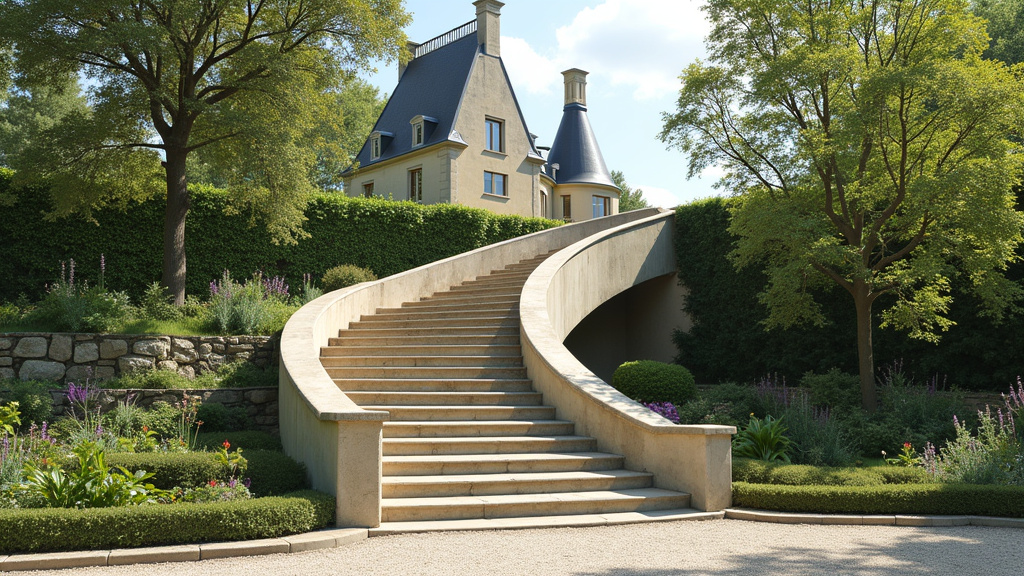 Monte-escalier extérieur installé dans un jardin à Bayeux, près de Caen