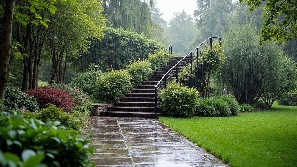 Monte-escalier extérieur installé dans un jardin à Bellerive-sur-Allier, par temps de pluie
