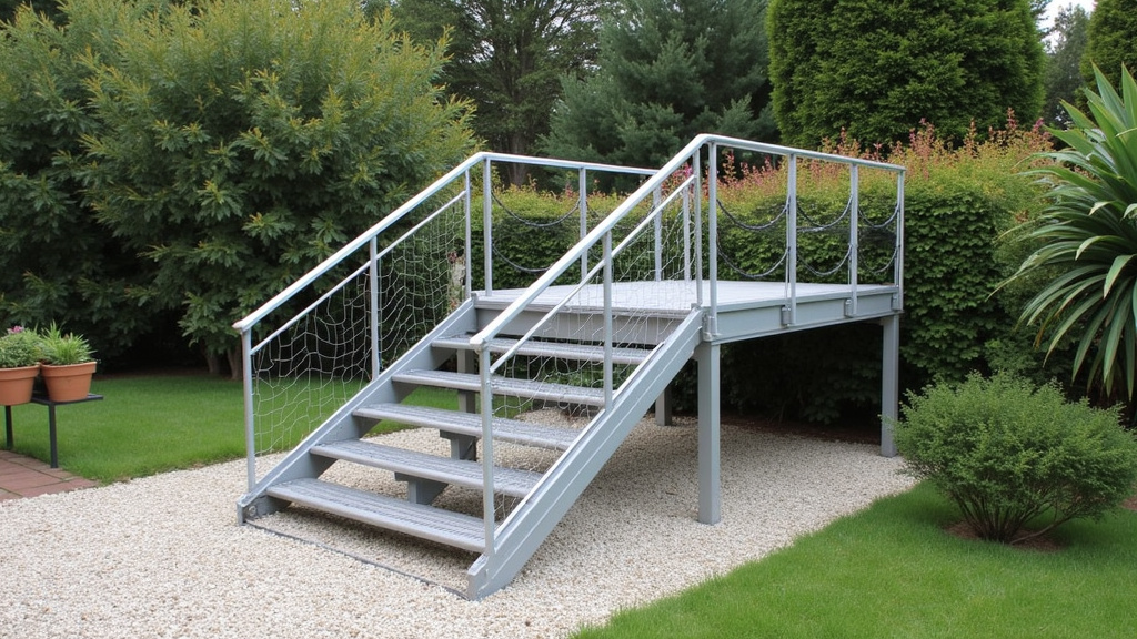 Monte-escalier extérieur installé dans un jardin à Eymet, vue sur la rampe métallique et le siège protégé par une housse