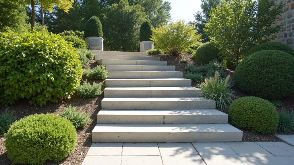 Monte-escalier extérieur installé dans un jardin à Mézières-sur-Couesnon
