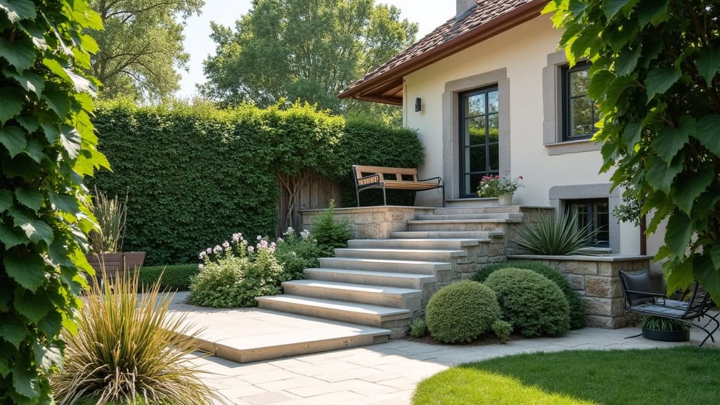 Monte-escalier extérieur installé dans un jardin à Montesquieu-des-Albères