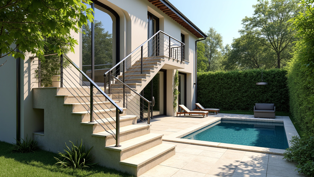 Monte-escalier extérieur installé dans un jardin, résistant à la pluie et au soleil