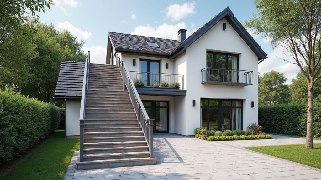 Monte escalier extérieur installé devant une maison à Chamant, protégé contre les intempéries