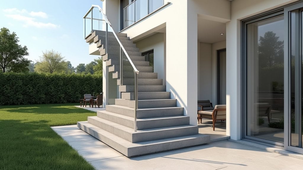 Monte-escalier extérieur installé devant une maison à Chiconi, matériaux inoxydables, adapté aux intempéries