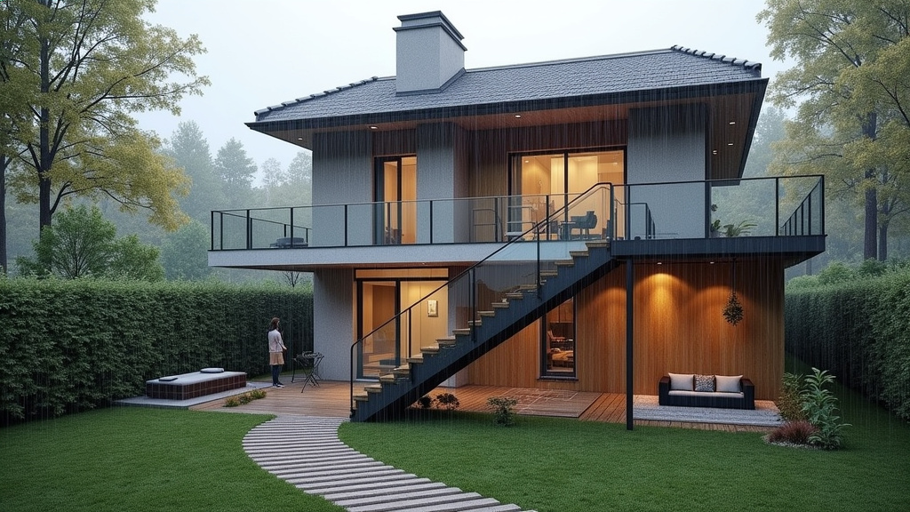 Monte-escalier extérieur installé devant une maison à Guignen, fonctionnant sous la pluie