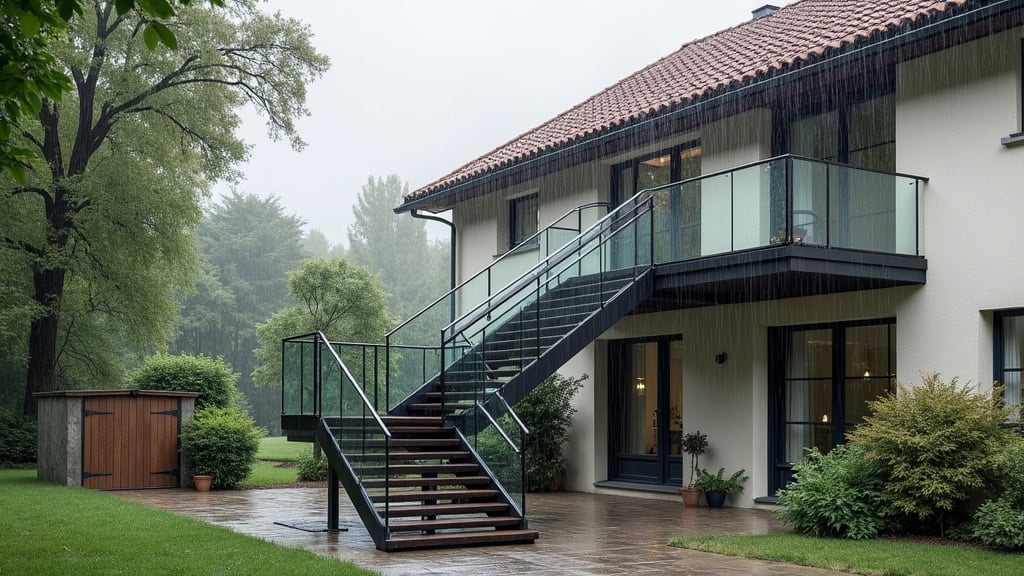 Monte-escalier extérieur installé devant une maison à Leymen, fonctionnant sous la pluie