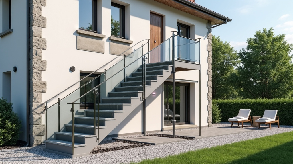 Monte-escalier extérieur installé devant une maison à Saint-Lyé avec un rail protégé des intempéries