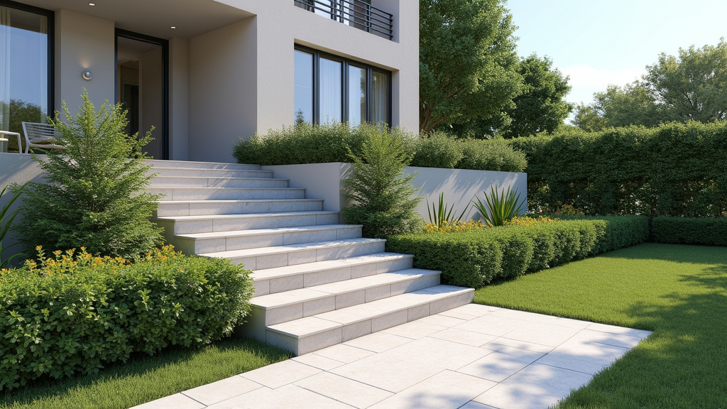 Monte-escalier extérieur installé devant une résidence à Rœulx pour accès jardin