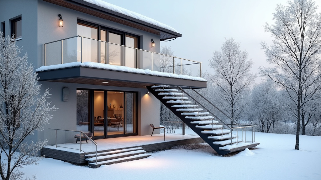 Monte-escalier extérieur installé sur un escalier en extérieur à Loisin, par temps enneigé