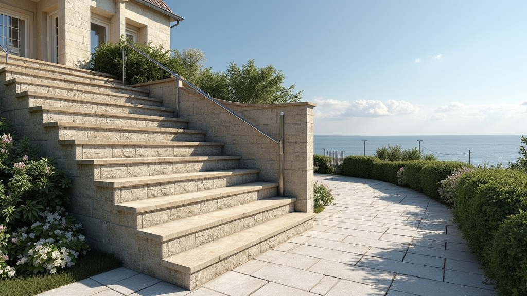 Monte escalier extérieur installé sur un escalier en pierre à Cabourg, résistant aux intempéries et au sel marin