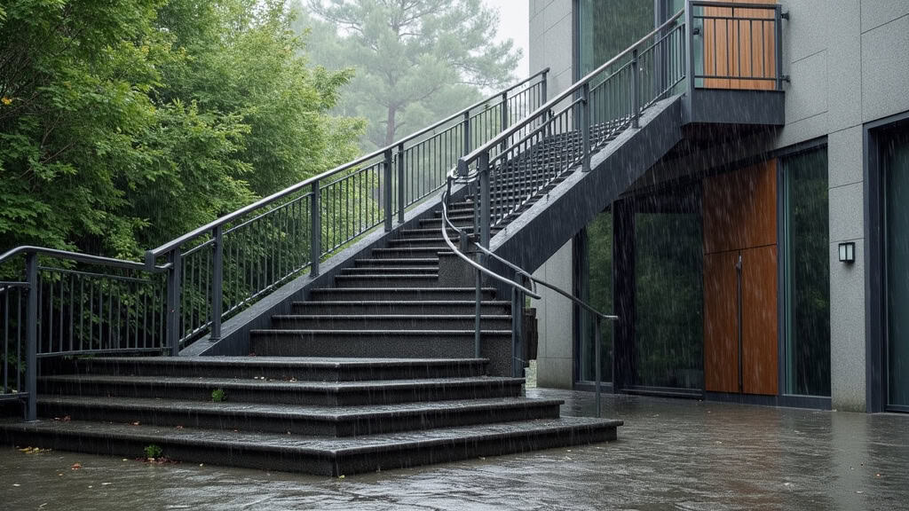 Monte-escalier extérieur installé sur un perron à Jaux par temps de pluie