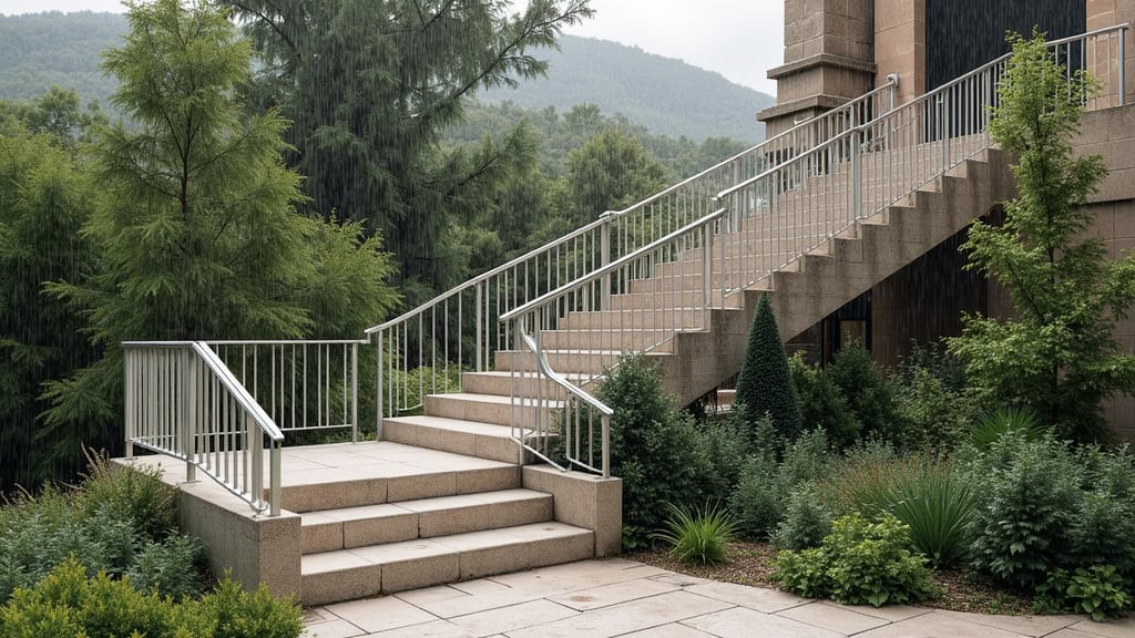 Monte-escalier extérieur installé sur un perron en pierre à Ginestas, fonctionnant sous la pluie