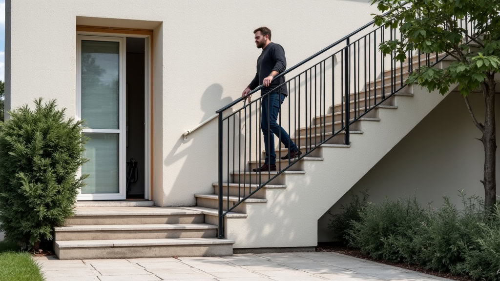 Monte-escalier extérieur installé sur un perron en pierre dans une résidence à Toutlemonde, avec un utilisateur en train de descendre par temps pluvieux