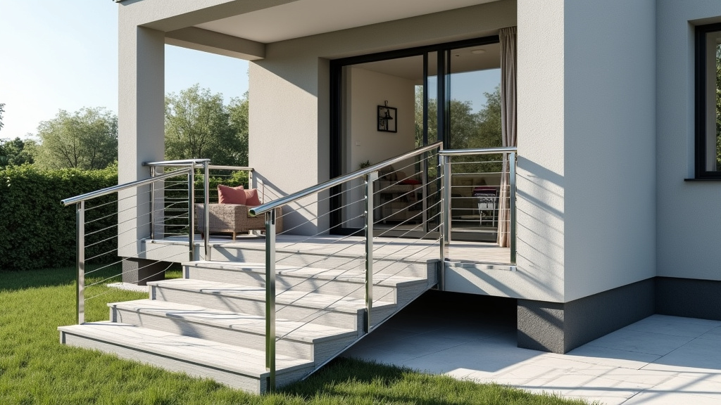 Monte-escalier extérieur installé sur une entrée de maison à Amilly, avec rampe en aluminium résistante aux intempéries