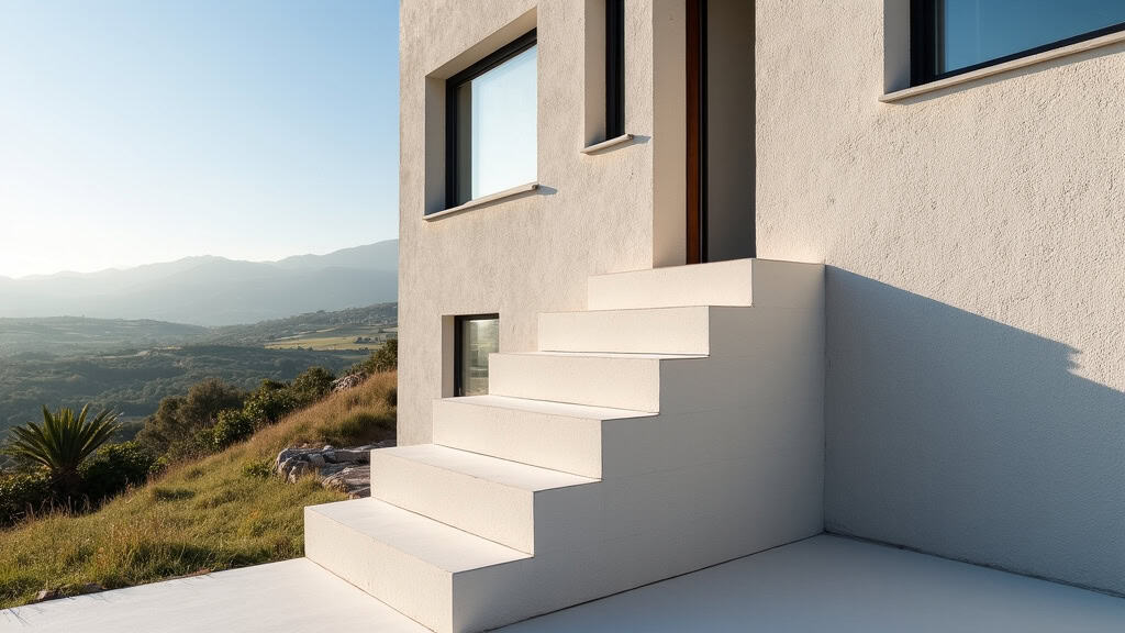 Monte-escalier extérieur installé sur une maison à Hénansal, avec vue sur les champs et le relief breton