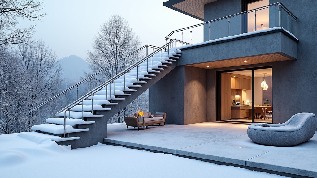 Monte-escalier extérieur installé sur une terrasse à Montanay en hiver