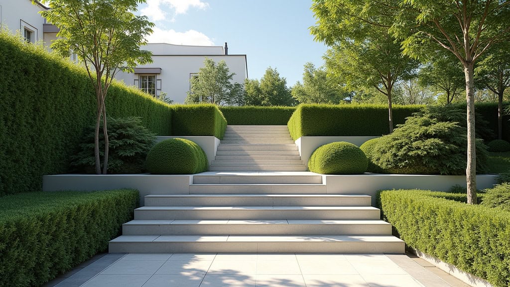 Monte-escalier extérieur installé sur une volée d’escalier menant à un jardin à Écouché-les-Vallées