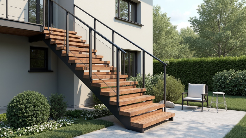 Monte-escalier extérieur résistant aux intempéries installé sur un escalier de jardin à Izon, en bois traité et métal anti-rouille