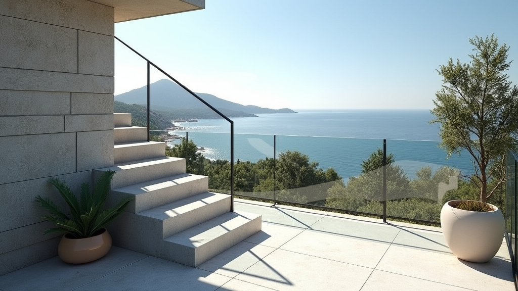 Monte-escalier extérieur résistant aux intempéries installé sur un escalier de terrasse à Propriano avec vue sur le golfe de Valinco