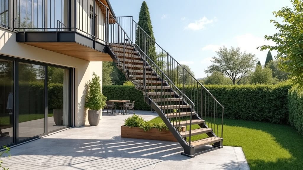 Monte-escalier extérieur tournant installé sur une terrasse avec virage