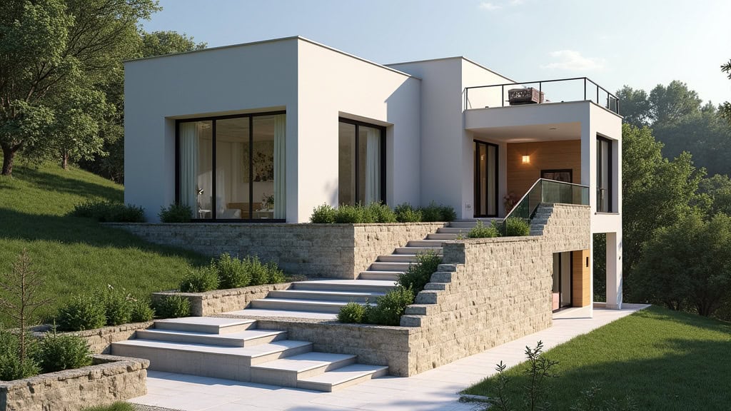 Monte-escalier extérieur utilisé pour accéder à une maison à Noues de Sienne