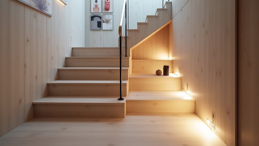 Monte-escalier installé dans un escalier intérieur à Lumio, montrant son intégration discrète dans la décoration