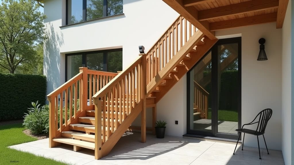 Monte-escalier installé sur un escalier en bois extérieur