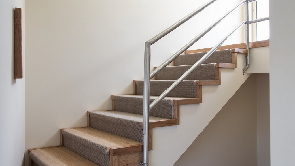 Monte-escalier installé sur un escalier tournant en bois dans une maison traditionnelle d’Entrammes, avec sièges en tissu gris et rail métallique discret