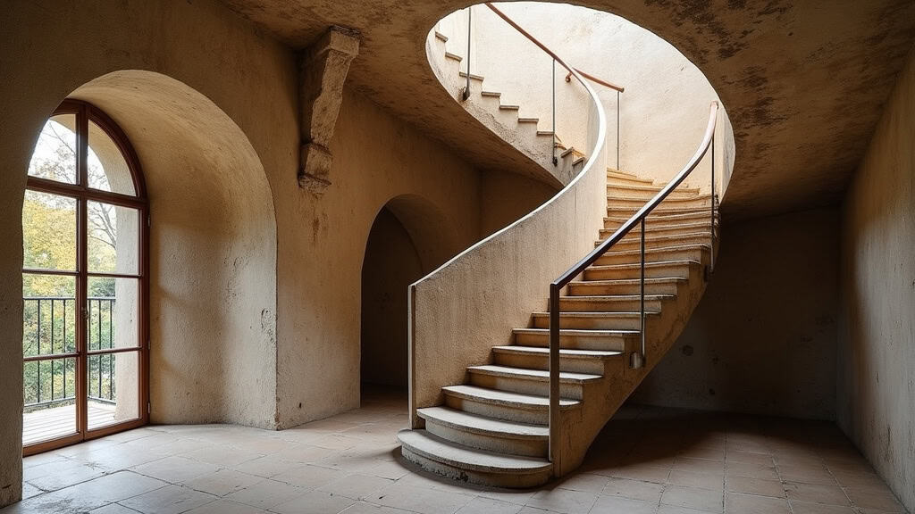 Monte-escalier tournant en fonctionnement dans une maison ancienne à Corbère-les-Cabanes