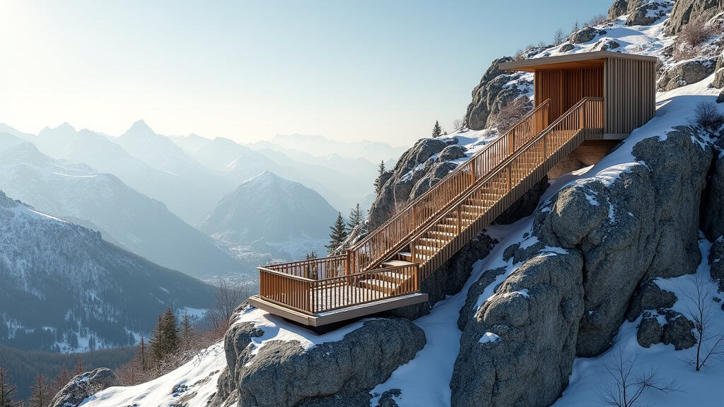 Monte-escalier tournant extérieur installé sur un escalier en colimaçon en montagne