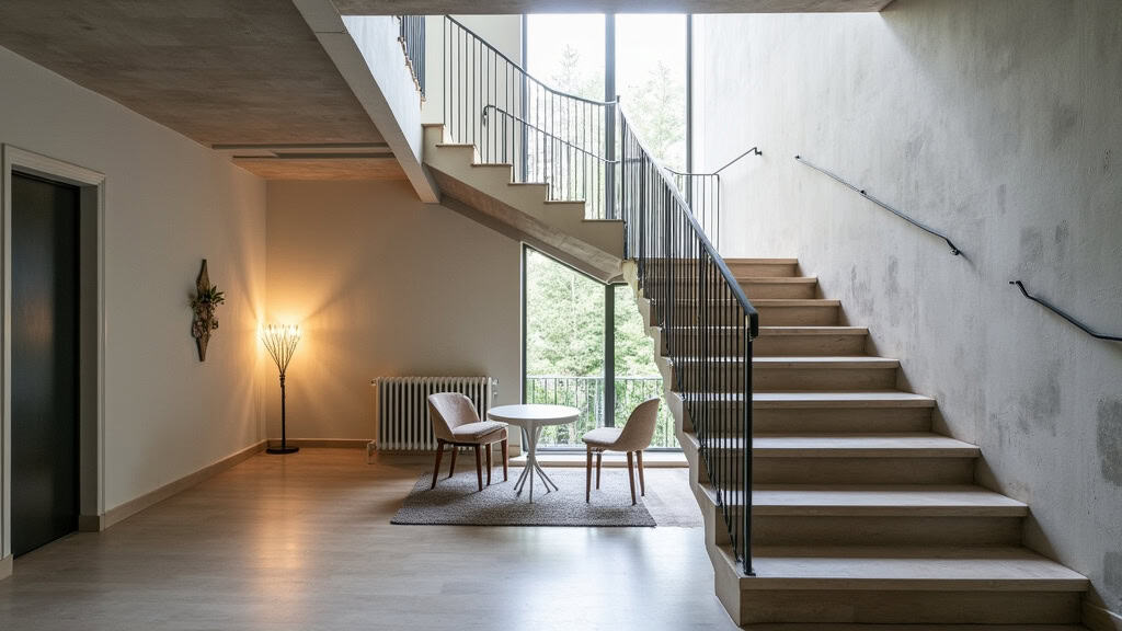 Monte-escalier tournant installé dans un escalier en colimaçon à Mirabel, vue depuis le bas