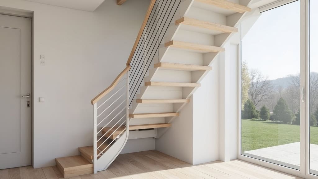 Monte-escalier tournant installé dans une maison à Groisy avec rail sur mesure épousant les courbes de l