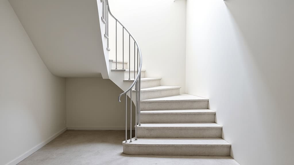 Monte-escalier tournant installé dans une maison bretonne, vue d’ensemble montrant le rail courbe épousant les marches